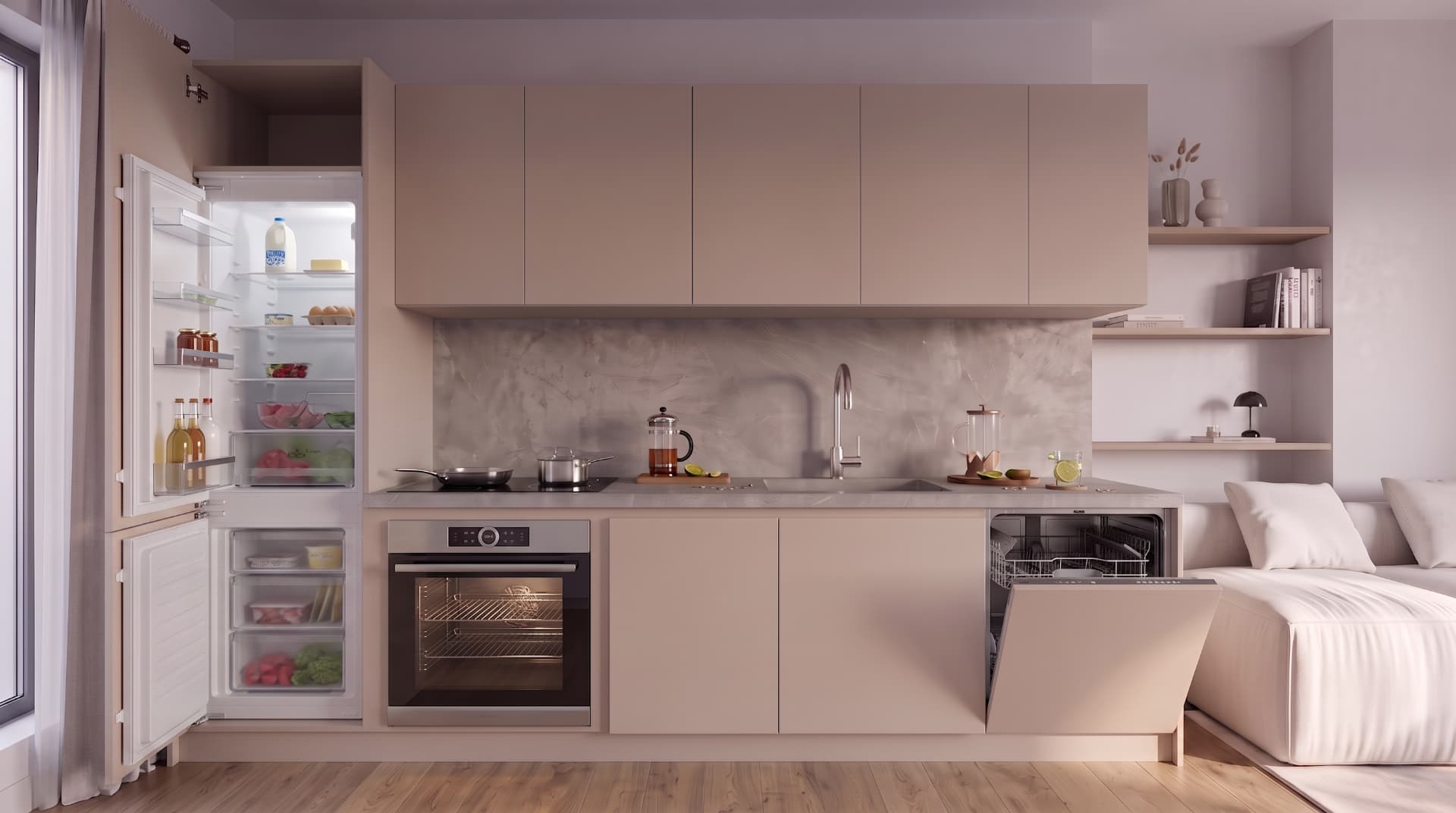 Einbauküche mit geöffnetem Kühlschrank, Backofen und Spülmaschine