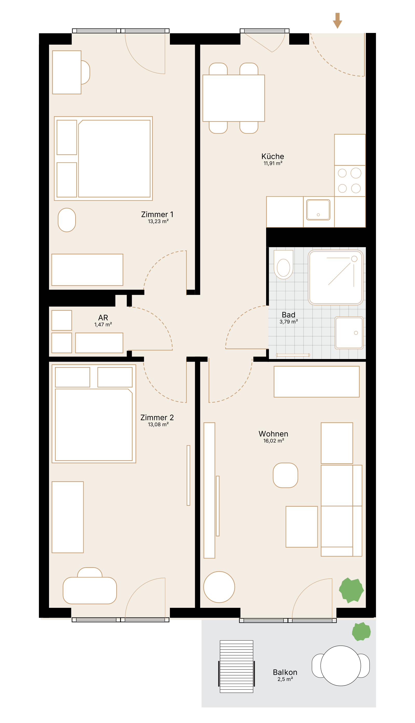 Grundriss der 3-Zimmer-Wohnung mit 67,02 m² Wohnfläche und Balkon.