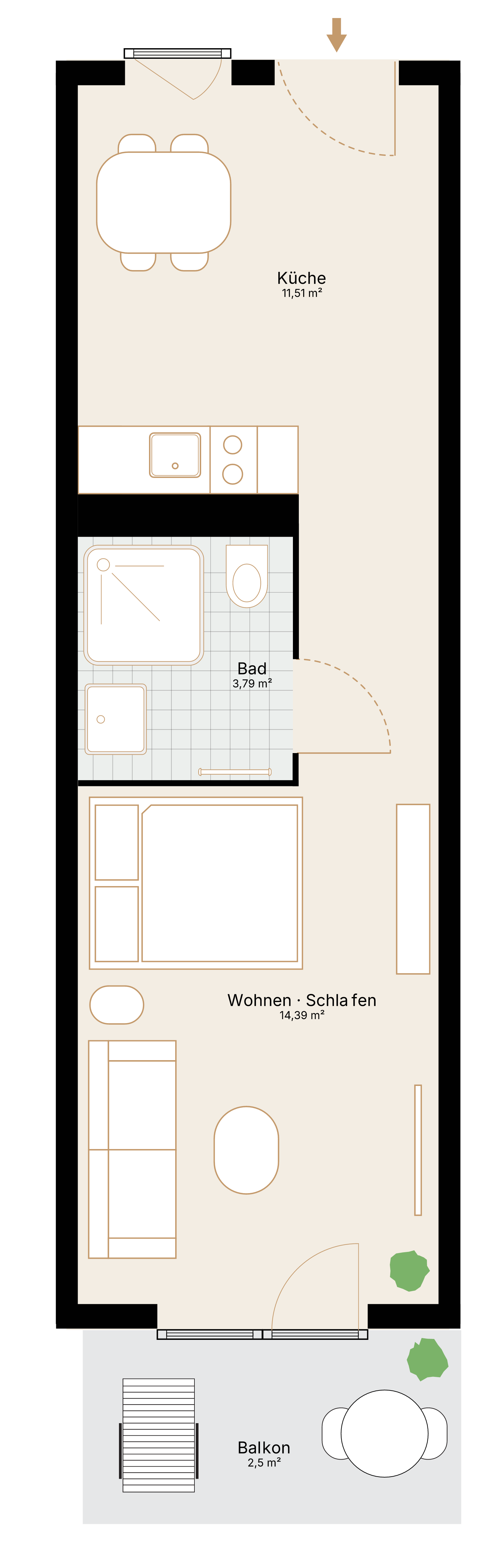 Grundriss der 1-Zimmer-Wohnung mit 36,01 m² Wohnfläche und Balkon.