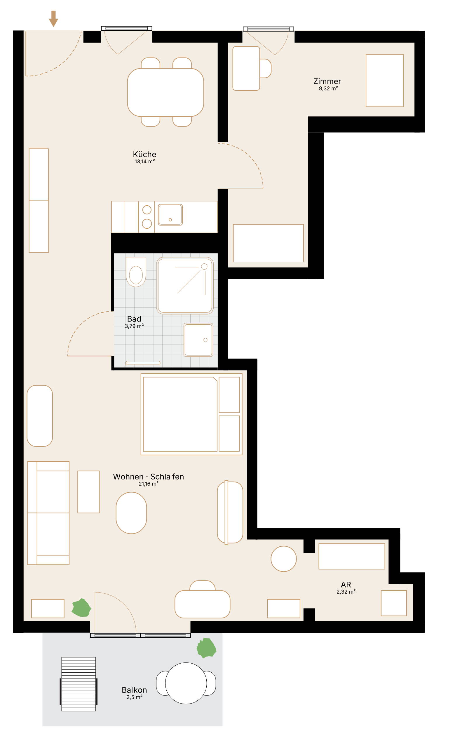Grundriss der 1,5-Zimmer-Wohnung mit 55,76 m² Wohnfläche und Balkon.