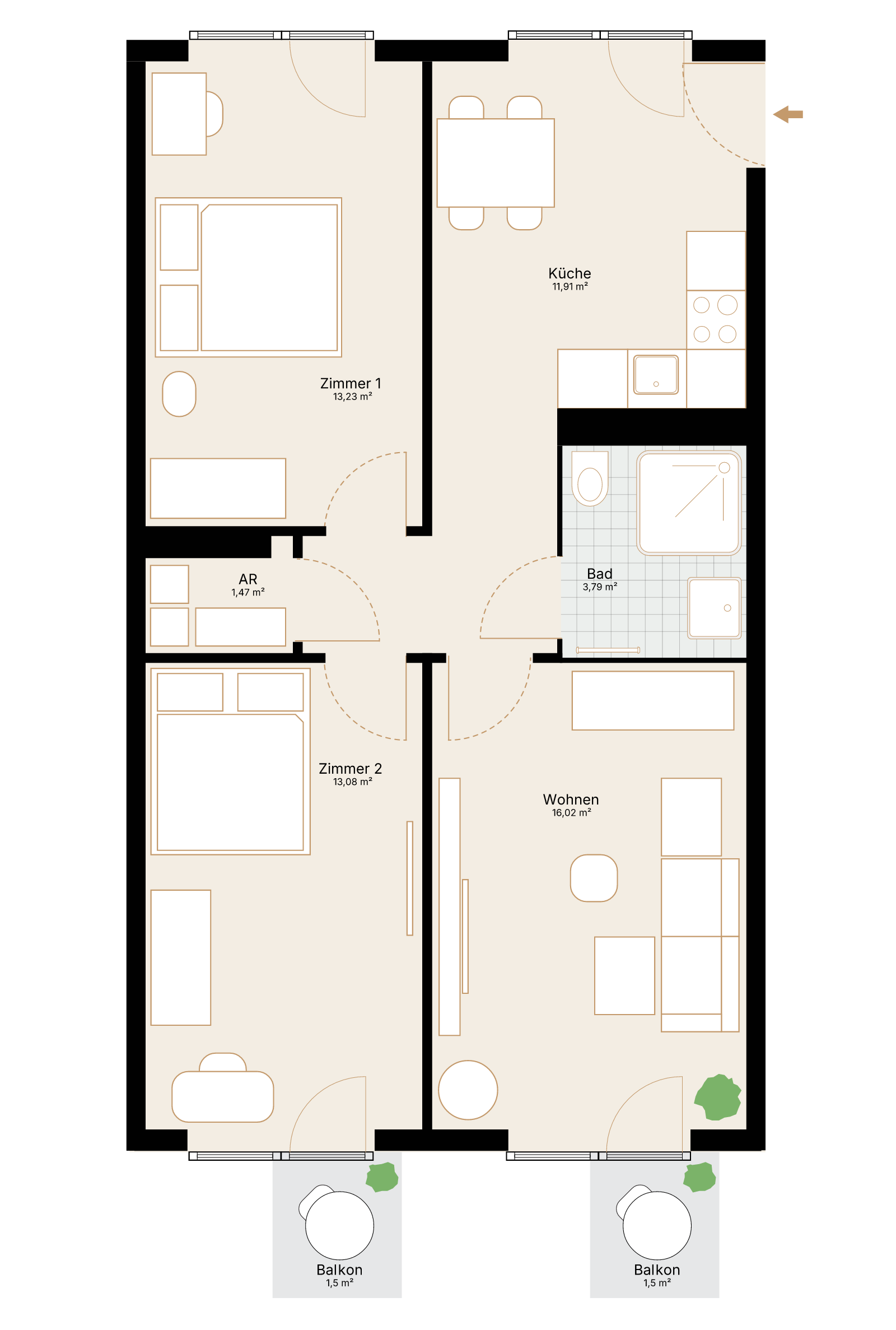 Grundriss der 3-Zimmer-Wohnung mit 65,25 m² Wohnfläche und Balkon.