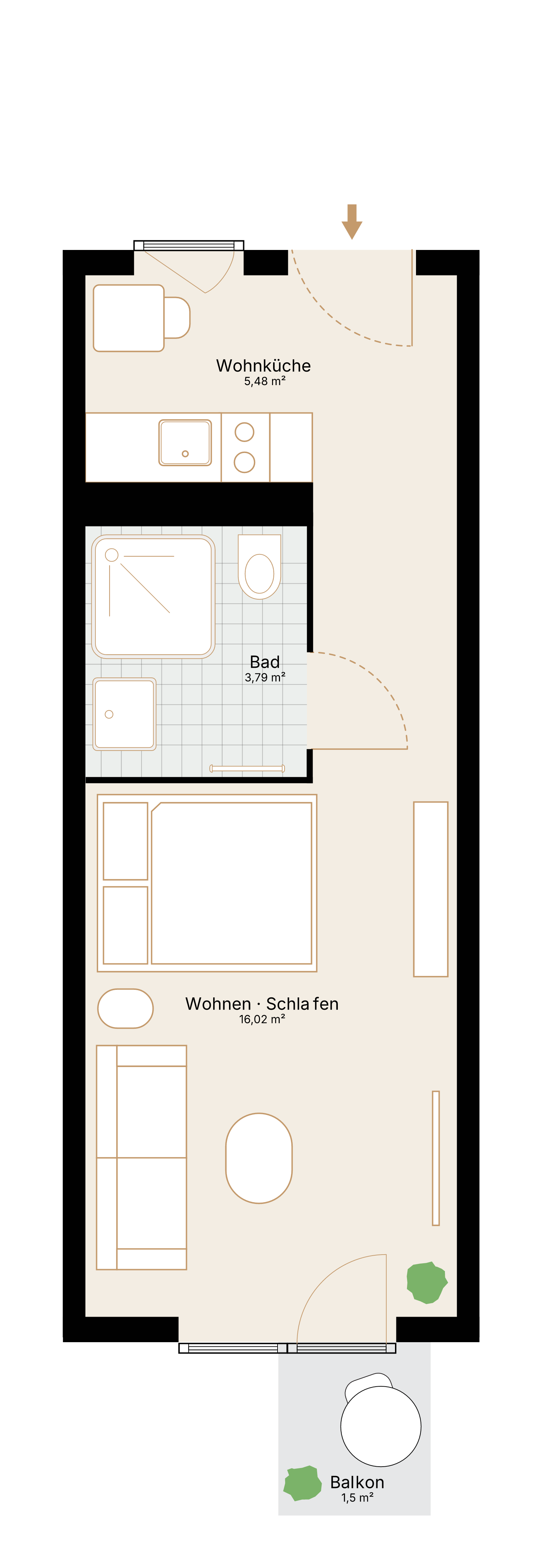 Grundriss der 1-Zimmer-Wohnung mit 28,21 m² Wohnfläche und Balkon.