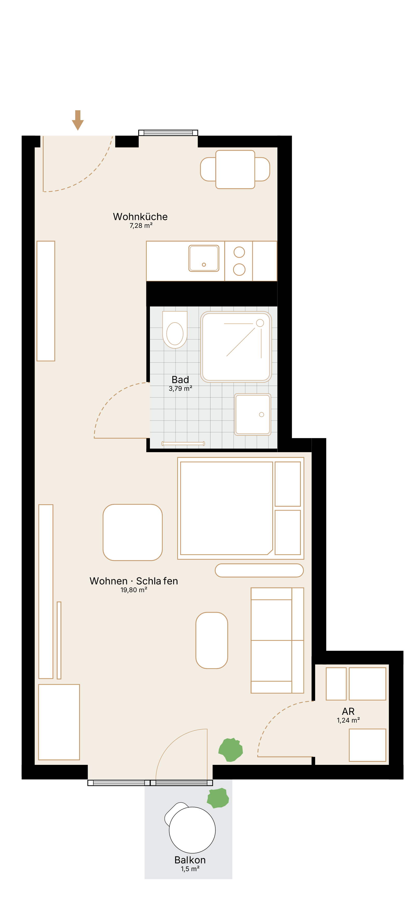 Grundriss der 1-Zimmer-Wohnung mit 37,18 m² Wohnfläche und Balkon.