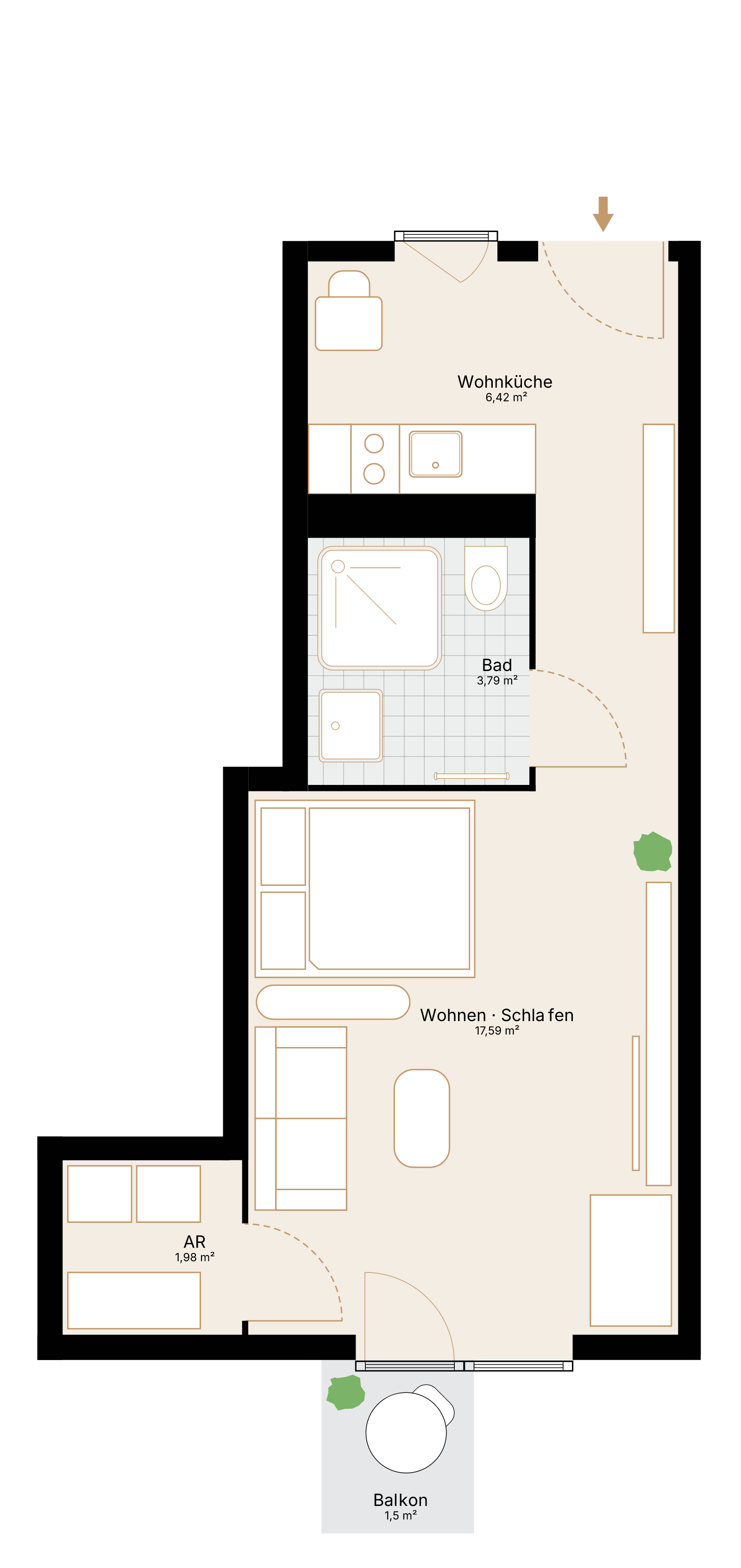 Grundriss der 1-Zimmer-Wohnung mit 33,74 m² Wohnfläche und Balkon.