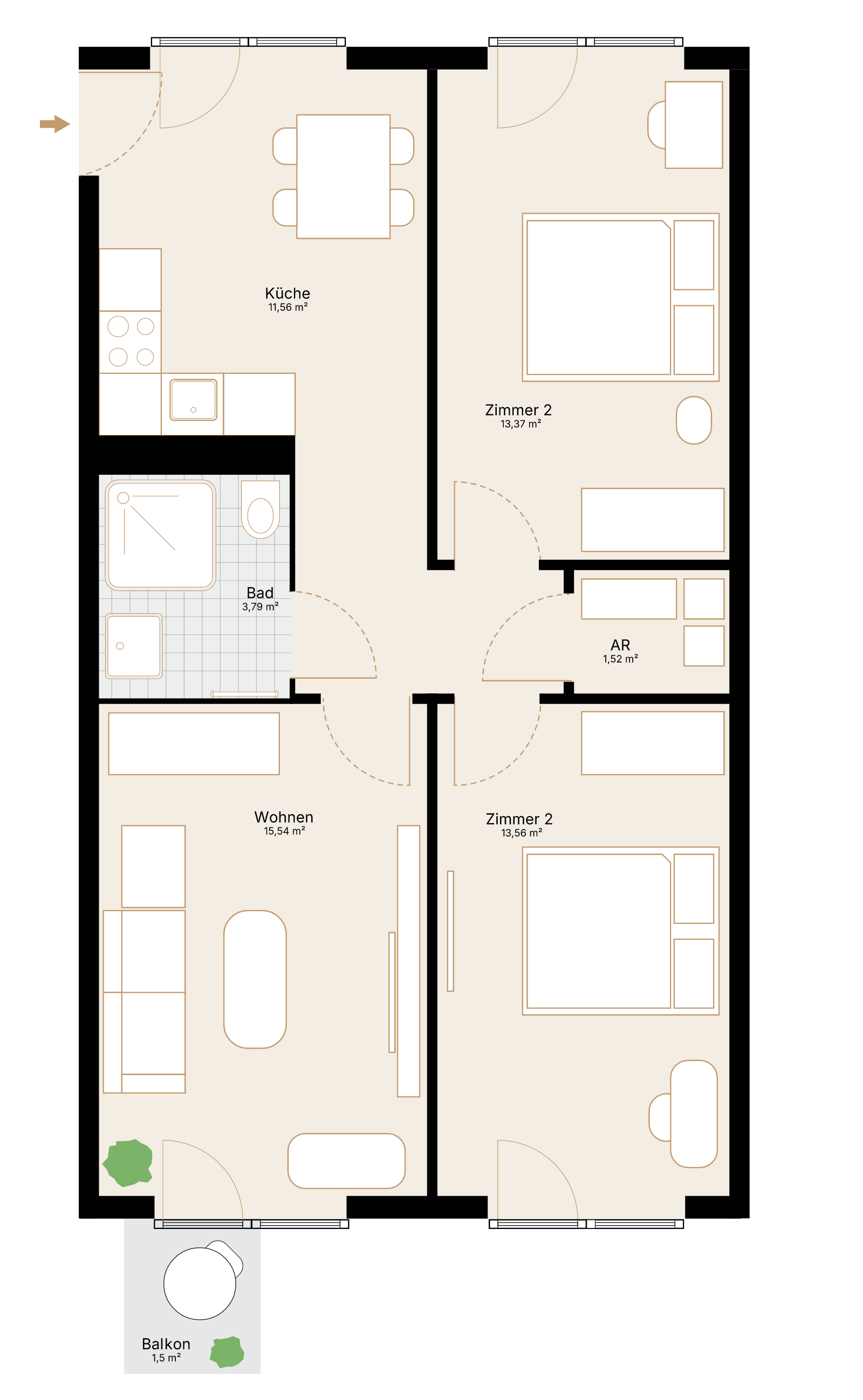 Grundriss der 3-Zimmer-Wohnung mit 64,86 m² Wohnfläche und Balkon.