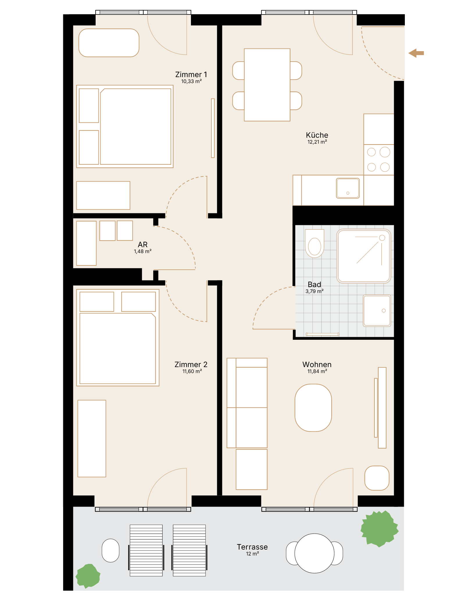 Grundriss der 3-Zimmer-Wohnung mit 57,8 m² Wohnfläche und Terrasse.
