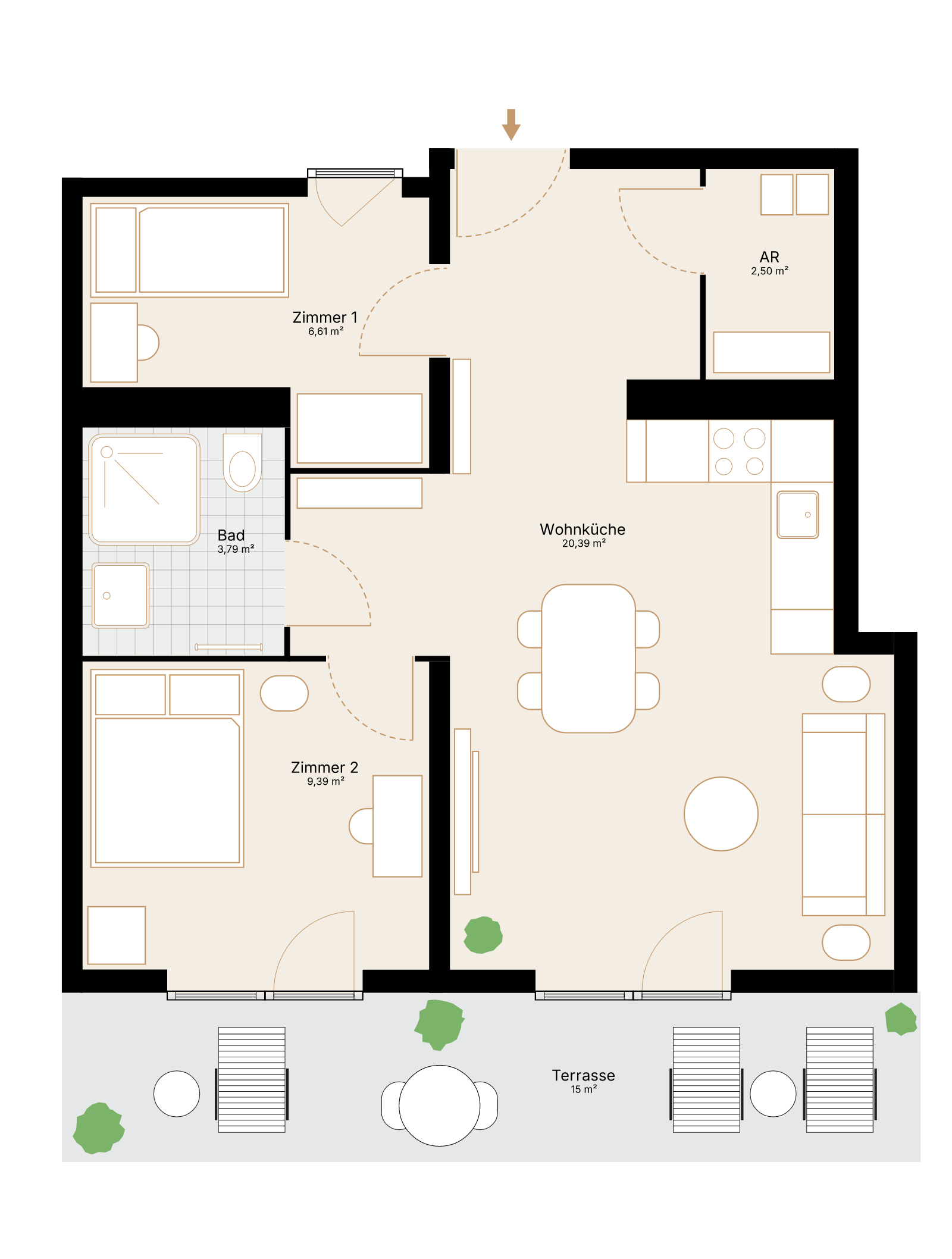 Grundriss der 2,5-Zimmer-Wohnung mit 56 m² Wohnfläche und Terrasse.