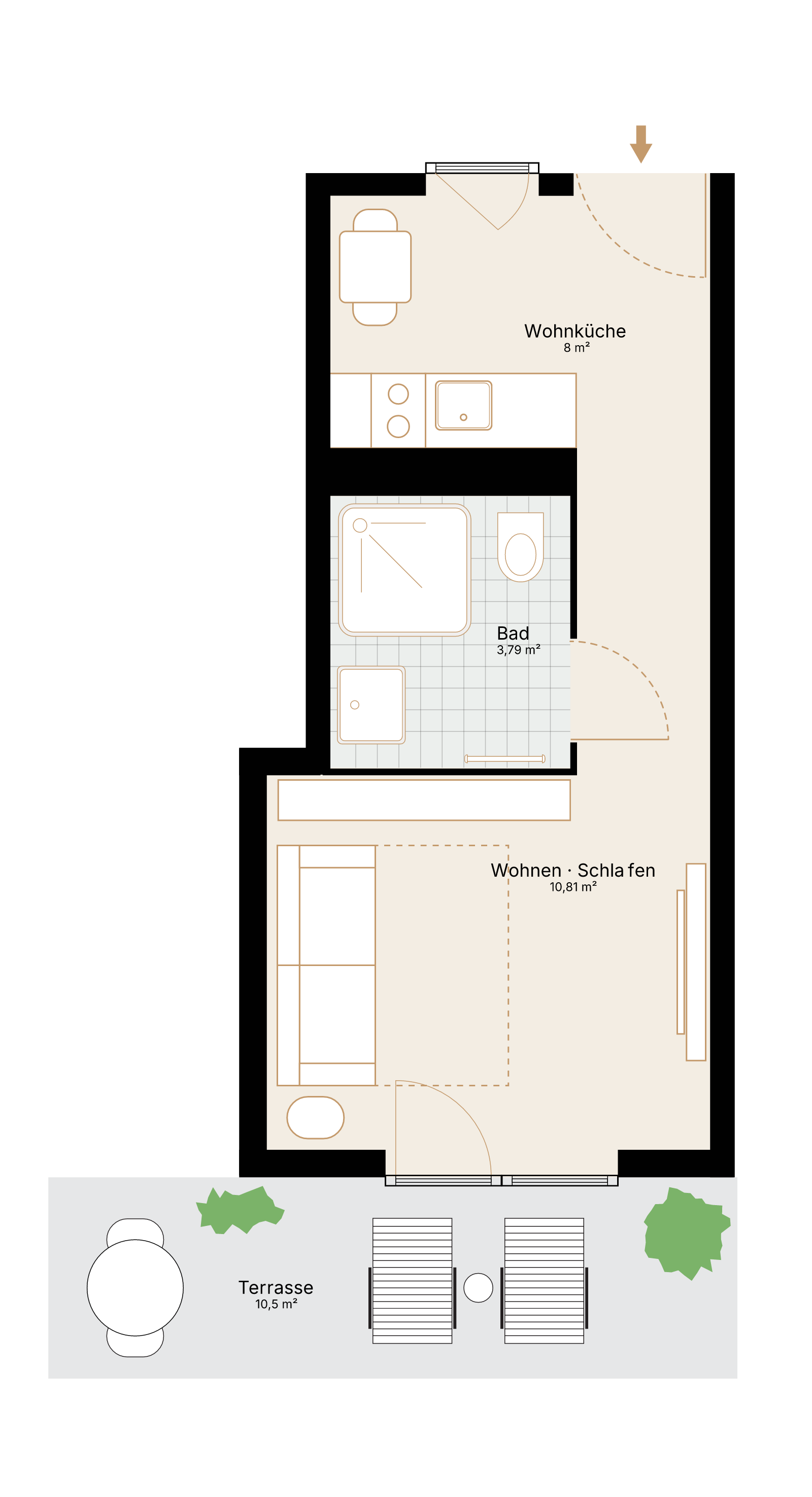 Grundriss der 1-Zimmer-Wohnung mit 27,8 m² Wohnfläche und Terrasse.
