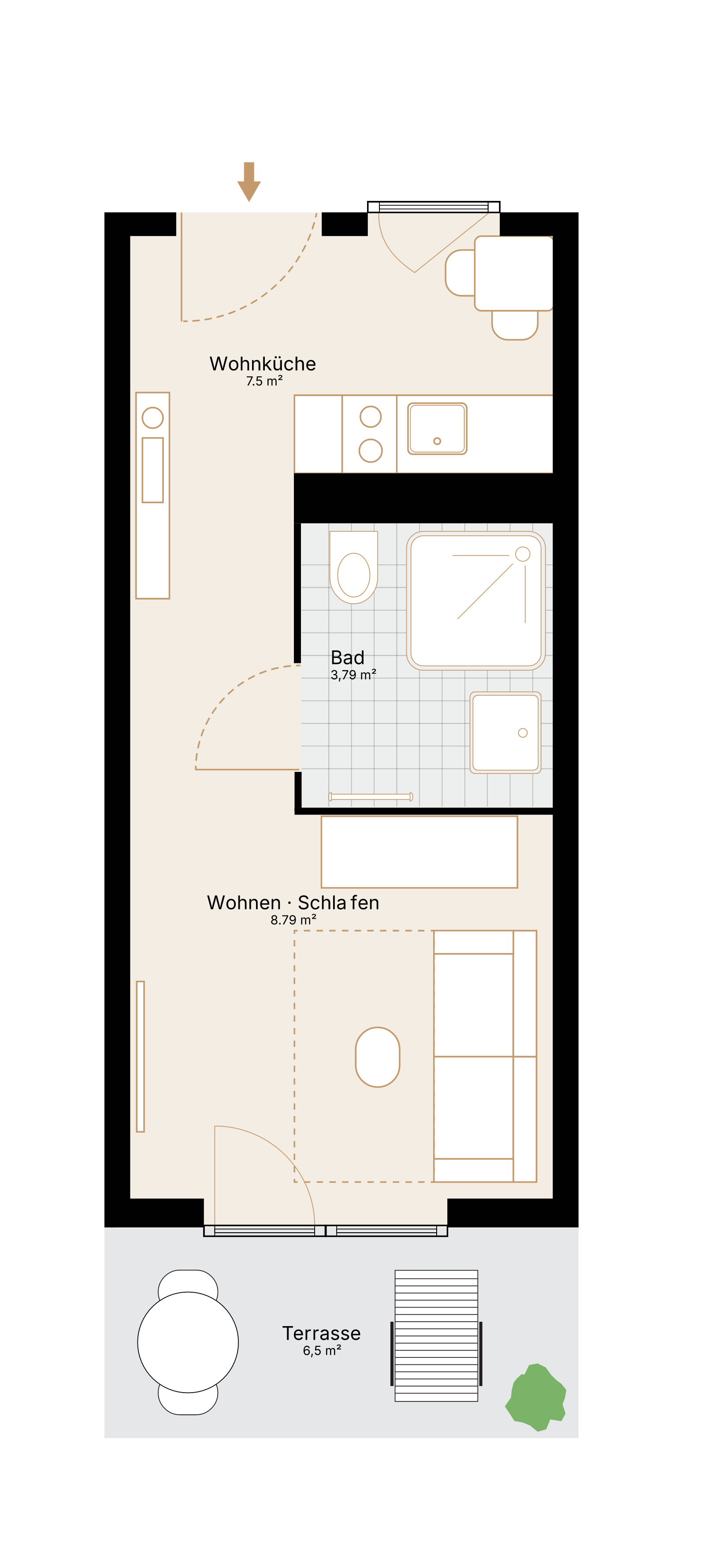 Grundriss der 1-Zimmer-Wohnung mit 23,98 m² Wohnfläche und Terrasse.