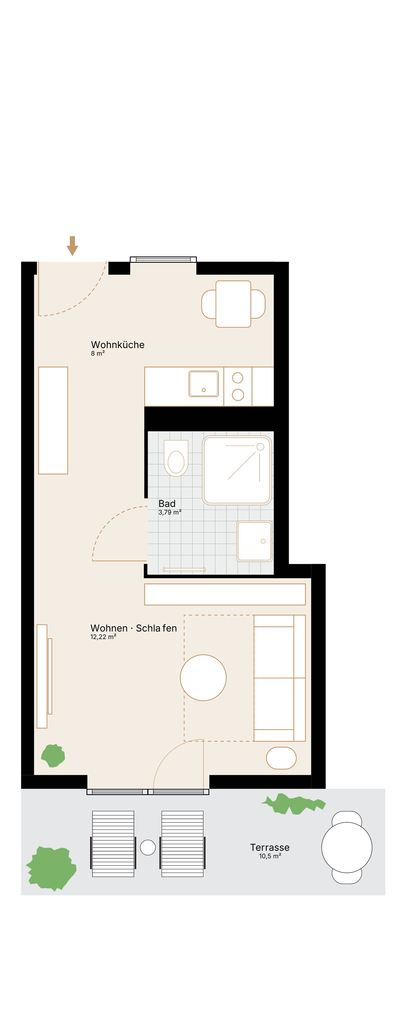 Grundriss der 1-Zimmer-Wohnung mit 31,19 m² Wohnfläche und Terrasse.